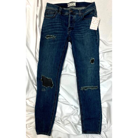 Free People Distressed Fishnet-Inlet Skinny Jeans Tupelo Blue 25 - Picture 10 of 16
